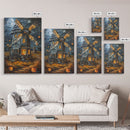 Spooky Windmill with Pumpkins Framed Canvas Print, Wall Art, Halloween Home Decor, Haunted Windmill Painting, Eerie Artwork, Halloween