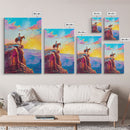 Cowboy on Cliff Edge at Sunrise - Colorful Western Landscape Painting, Framed Canvas Print, Sunrise Wall Art, Living Room Decor