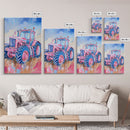 Vibrant Pink Tractor in Field with Blue Sky - Framed Canvas Print, Farmhouse Wall Art, Rustic Tractor Art for Living Room Decor