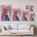 Portrait of Woman in Floral Headscarf Framed Canvas Print - Elegant Wall Art, Feminine Living Room Decor, Artistic Bedroom Art