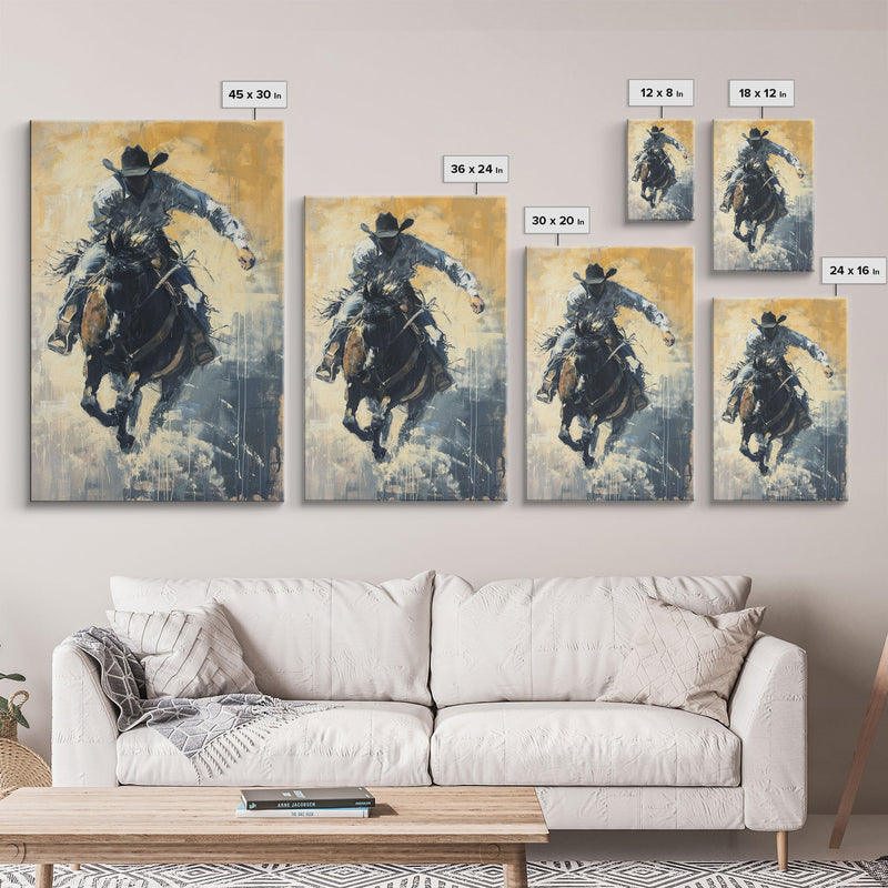 Western Cowboy Riding a Bucking Horse - Framed Canvas Print, Cowboy Wall Art, Rustic Decor, Living Room and Bedroom Art Print