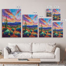 Framed Canvas Print, Cacti and Mountains at Sunset Wall Art, Vibrant Southwest Decor for Living Room or Bedroom, Nature Art Decoration Piece