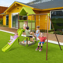 7-in-1 Kids Outdoor Metal Playset with Wave Slide and Climbing Rope-Green by LJGDeals