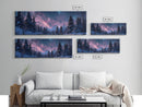Starry Night Northern Lights, Framed Canvas Print, Beautiful Night Sky Over A Snow Capped Forest, Winter Landscape Painting, Purple Skies