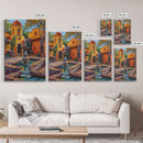 Mexican Style Framed Canvas Print Tall Art Vibrant Outdoor Fountain Scene With Colorful Architecture