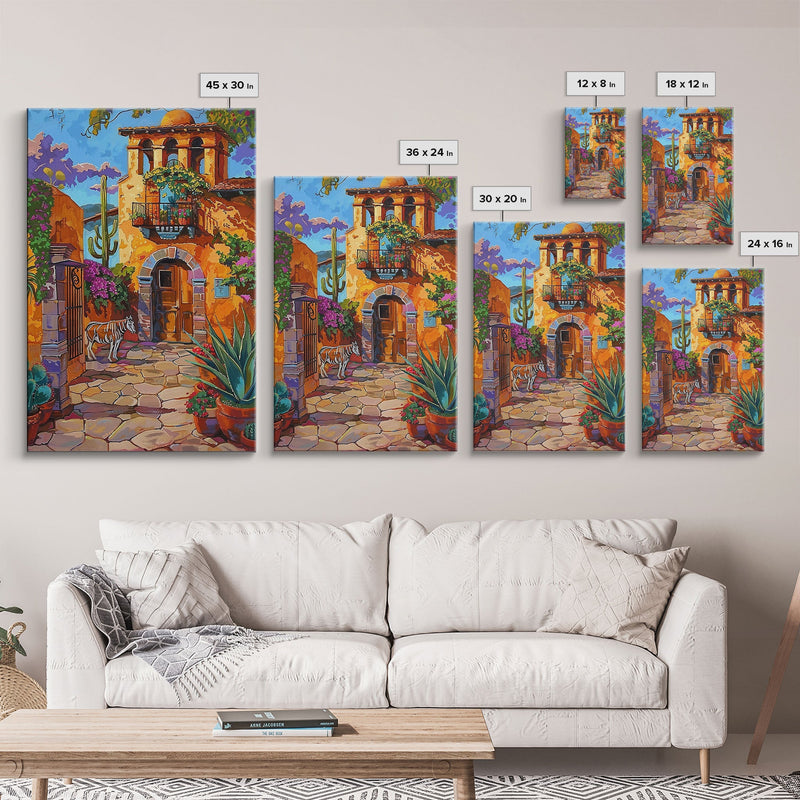 Bright Mexican Style Courtyard Tall Art Framed Canvas Print Featuring Vibrant Architecture And Desert Scenery