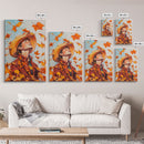 Cowboy Fall Decor Canvas Print with Windblown Leaves, Rustic Farmhouse Autumn Holiday Wall Art Seasonal Gift Idea 2024
