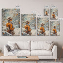 Cowboy in Snowy Orchard Canvas Print with Frosty, Christmas Wall Art Gift, Seasonal Decor, Winter Wonderland, Holiday Decor, Canvas Print
