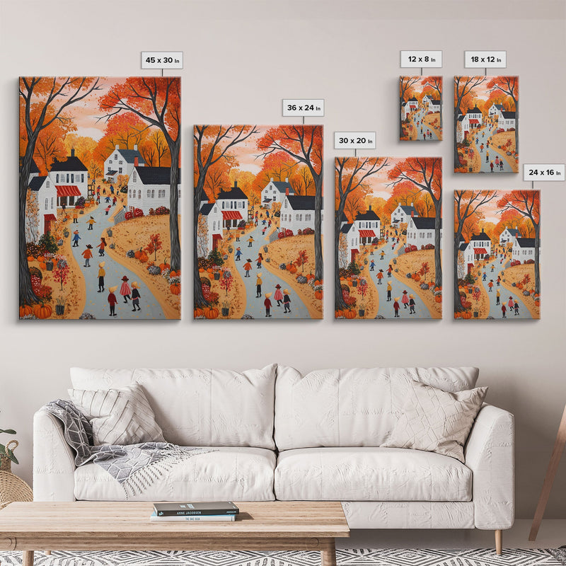 Autumn Village Scene Framed Canvas Print Tall Art With Fall Leaves And Pumpkins, Cozy Wall Art For Seasonal Farmhouse Decor