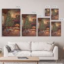 Children By Fireplace And Christmas Tree Framed Canvas Print Cozy Holiday Home Decor With Warm Fire And Festive Decorations Christmas Art