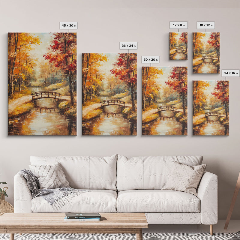 Autumn Bridge Over Stream Framed Canvas Print Wall Art Fall Landscape Decor, Rustic Autumn Art Gift, Seasonal Wall Art