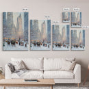 Historical City Winter Framed Canvas Print, Snowy Urban Landscape with Carriages and Victorian Architecture, Elegant Christmas Wall Art