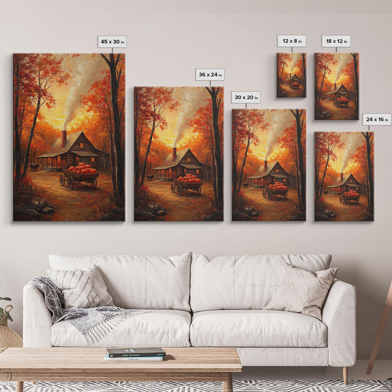 Autumn Cabin with Pumpkins Framed Canvas Print, Warm Fall Countryside Scene with Golden Leaves, Cozy Rustic Farmhouse Wall Art Decor