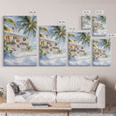 Beach Christmas porch with palm trees and wreaths, holiday decor Framed Canvas Print Christmas wall art farmhouse tropical decor idea