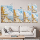Autumn beach scene with golden trees and calm shoreline Framed Canvas Print, fall landscape art perfect autumn wall decor for rustic homes