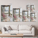 Farmhouse porch decorated with garland and cozy rocking chair, Framed Canvas Print winter decor idea for rustic home Christmas wall art