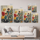 Mid-Century Family Christmas Celebration with Turntable and Christmas Tree, Retro Holiday Wall Art, Framed Canvas Print