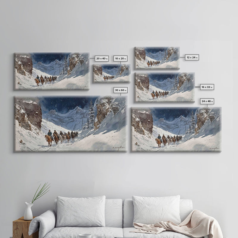 Winter Wonderland Snowy Mountain Trail Canvas Print, Rustic Christmas Cowboy Theme, Holiday Home Decor, Winter Landscape Art