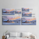 Cozy Snowy Log Cabin Tall Art Framed Canvas Print Winter Home Decor With Warm Fireplace And Horse Rider Under A Beautiful Sunset Scene