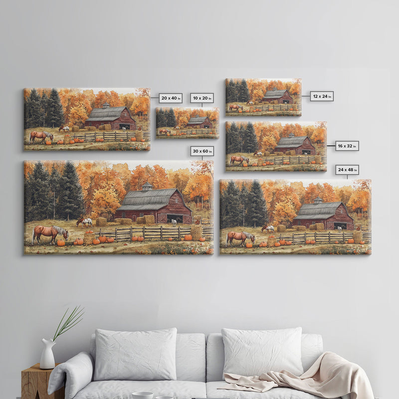 Autumn Barn Pumpkin Horses Canvas Print Farmhouse Fall Decor Seasonal Wall Art Framed Canvas Print Rustic Fall Farmhouse Wall Art