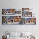 Victorian Christmas Market Tall Art Framed Canvas Print Winter Street Scene With Holiday Decorations And Horse-Drawn Carriages In Snow