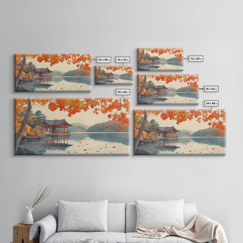 Autumn Japanese Lake House Canvas Print | Fall Wall Art Home Decor | Seasonal Fall Art | Gift Idea | 2024 Autumn Home Wall Art