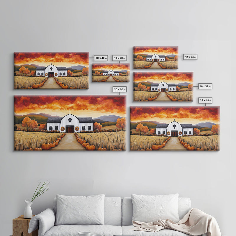 Autumn pumpkin farm with barn, canvas print, fall farmhouse decor, rustic autumn home decor, cozy fall harvest wall art for seasonal display