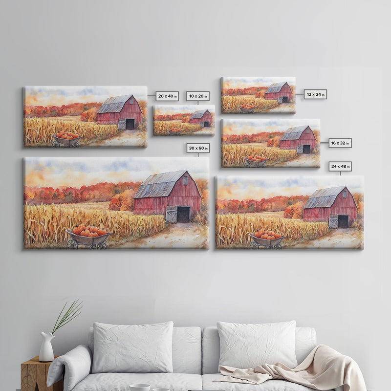 Autumn Barn with Pumpkins in Wheelbarrow, Farmhouse Fall Decor, Framed Canvas Print, Seasonal Wall Art, Country Home Decor, Gift Idea