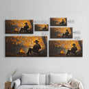 Cozy autumnal Framed Canvas Print featuring a woman with a mug, surrounded by vibrant fall leaves, perfect seasonal wall art for cozy spaces