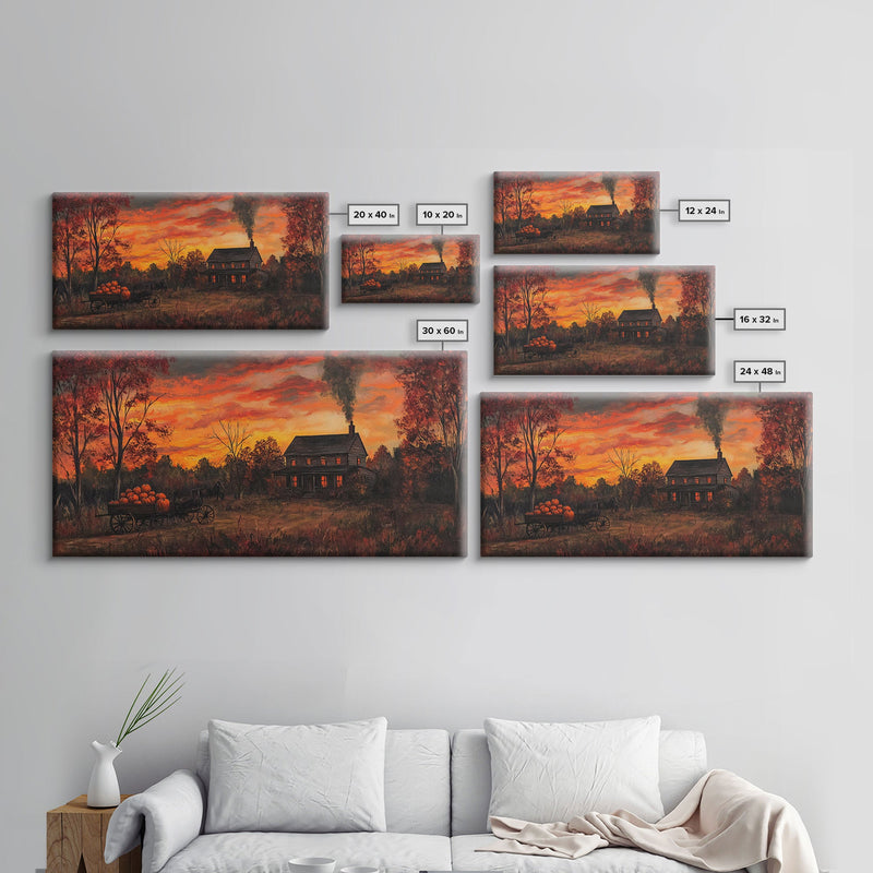 Autumn Sunset With Pumpkins And Horse Wagon, Cozy Fall Landscape Wall Art, Rustic Country Framed Canvas Print, Warm Autumn Home Decor