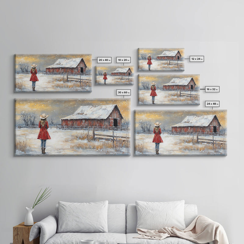 Barn Painting Framed Canvas Print, Cowgirl and her Barn, Rustic Farmhouse Decor, Winter Painting, Winter Wonderland, Farmhouse Wall Art