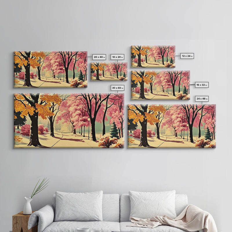 Autumn Park Path Framed Canvas Print, Warm Fall Trees and Pathway Wall Art, Seasonal Fall Home Decor, Farmhouse Gift Idea, Holiday Wall Art