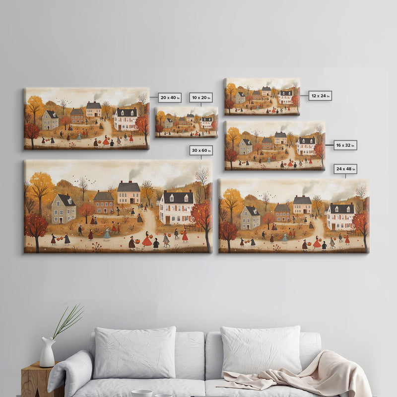 Autumn Harvest Village Scene Framed Canvas Print - Cozy Fall Decor and Seasonal Wall Art with Country Charm and Autumn Ambiance