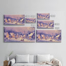 Serene Christmas Village Framed Canvas Print, Snowy Winter Landscape with Families Sledding in a Cozy Neighborhood Holiday Art