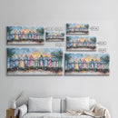 Vibrant Surfboard Coastal Christmas Scene Framed Canvas Print, Sunset Beach Holiday Decor with Garland and Ocean Waves Wall Art