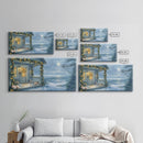 Rustic snowy mountain cabin with Christmas lights, Framed Canvas Print a cozy winter scene, perfect for winter wonderland wall decor