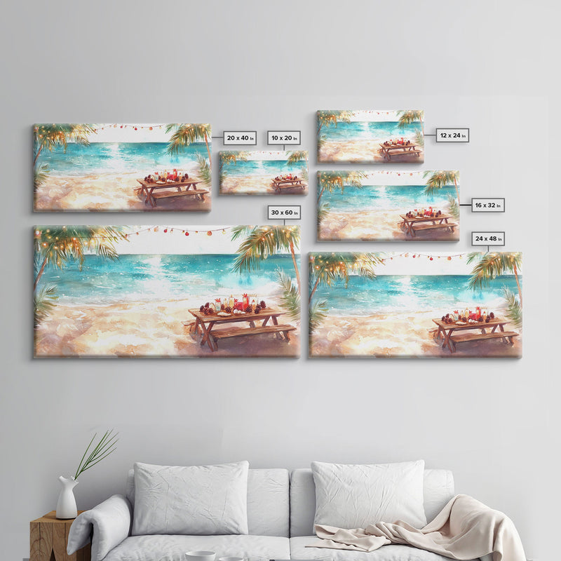 Beach Christmas decor picnic setup with palm trees and lights, framed canvas print showcasing tropical coastal holiday art decor