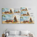 Christmas family picnic by the beach with surfboards and tree, framed canvas print tropical coastal holiday beach Christmas decor