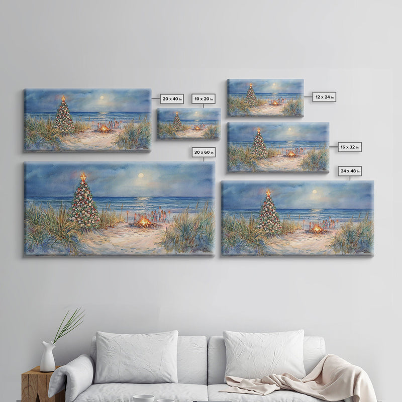 Beach Christmas family gathering by the ocean and bonfire, framed canvas print featuring tropical holiday decor wall art