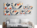 MCM Floral Print, Framed Canvas Art With Wood Frame, Over Sized Extra Wide Art For Above Sofa, Blue flowers on Black Background