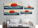 Retro Art Deco Sunset over The Ocean, Framed Canvas Print, Vector Image Style Artwork, Wood Frame, Boho / Eclectic Home Decor, Minimalist Decor
