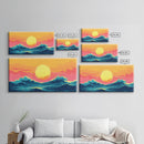 Synthwave Sunset Over Ocean Waves, Framed Canvas Print, Retro 80s Inspired Home Decor Wall Art