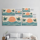 Japanese Wood Block Print Style Sunset and Palm Trees, Framed Canvas Print, Boho Style, Minimalist home Decor