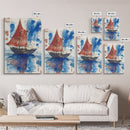 Japanese Sail Boat Watercolor Painting Print, Wood Framed Canvas Print, Wabi Sabi Nautical Wall Art, Lake House Art