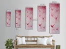 Crane Flight Canvas Print, ethereal origami bird painting in pink abstract hues, tall narrow wall art with zen minimalist aesthetic.