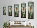 Trout In Mountain Scene Framed Canvas Print Rustic Landscape Art Fly Fishing Wall Art Skinny Wall Art Tall Vertical Decor