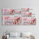 Parisian Café Scene Framed Canvas Print, Cherry Blossom Painting, European Street Art, Romantic Wall Art, Living Room Decor