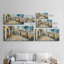Mediterranean Village Mosaic Framed Canvas Print - Vibrant Coastal Landscape Art - Nautical Decor Living Room Rustic Wall Art