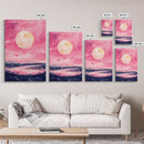 Moonlit Sky over Lake Framed Canvas Print, Pink Night Landscape Painting Coastal Wall Art, Minimalist Bedroom or Guest Room Decor