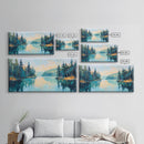 Tranquil Lake, pine tree art, landscape painting, smoky mountain art, panoramic painting, nature painting, Framed Canvas Print